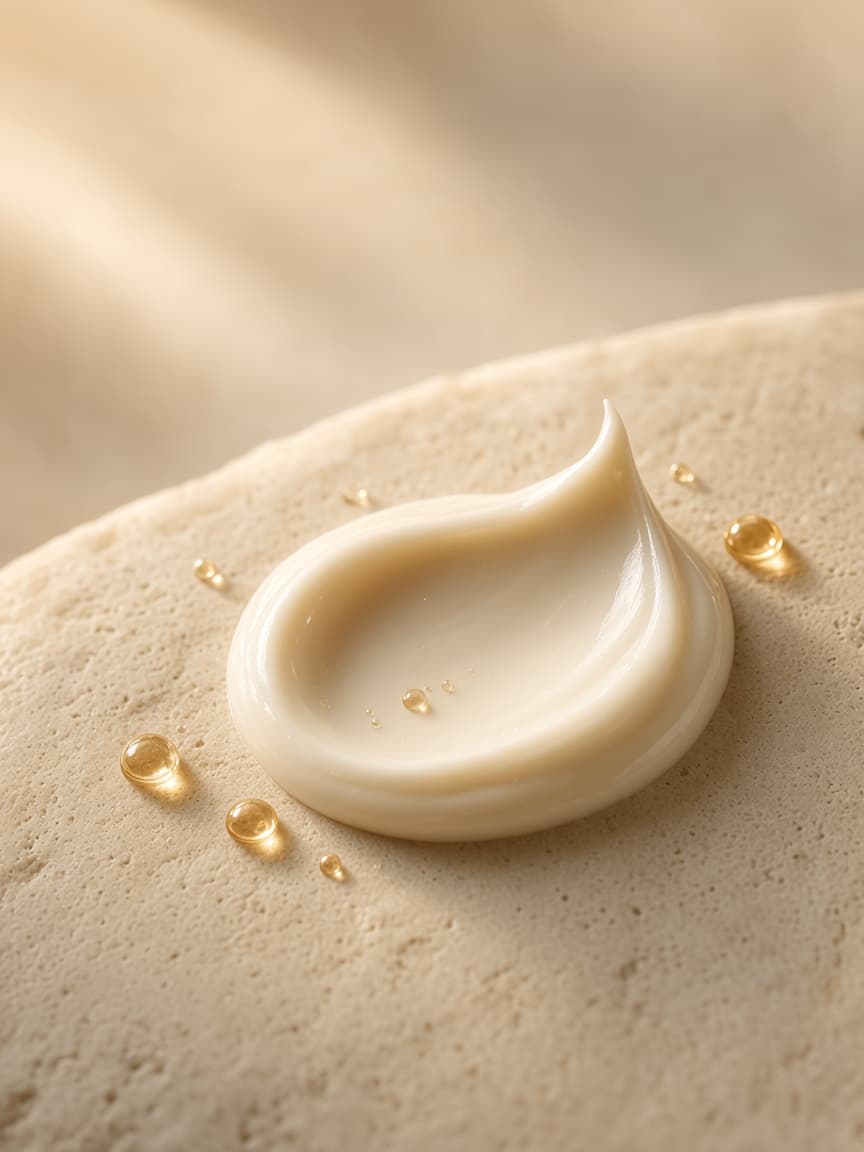 A swirl of rich ceramide cream with golden lipid droplets on warm stone