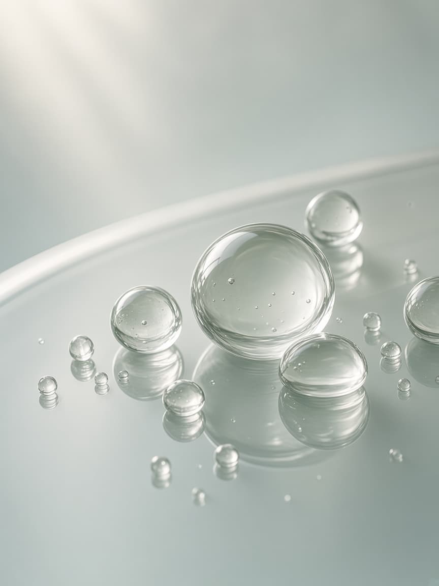 Clear hyaluronic gel droplets resting on pale glass