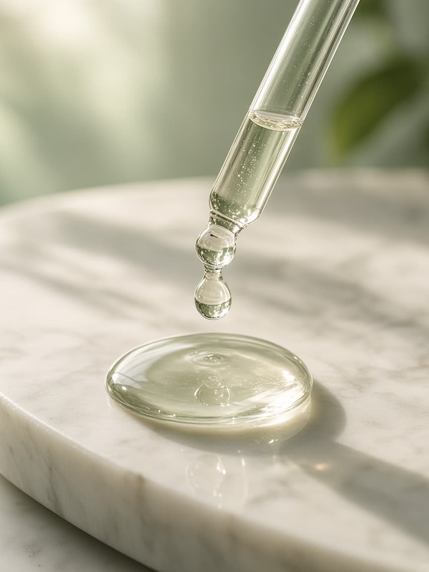 A drop of niacinamide serum falling from a glass pipette onto marble