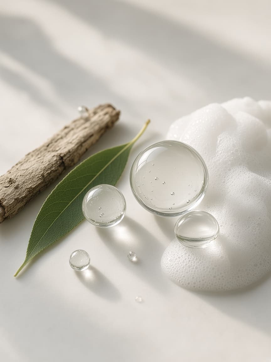 Willow leaf and bark beside gentle cleansing foam and clear droplets